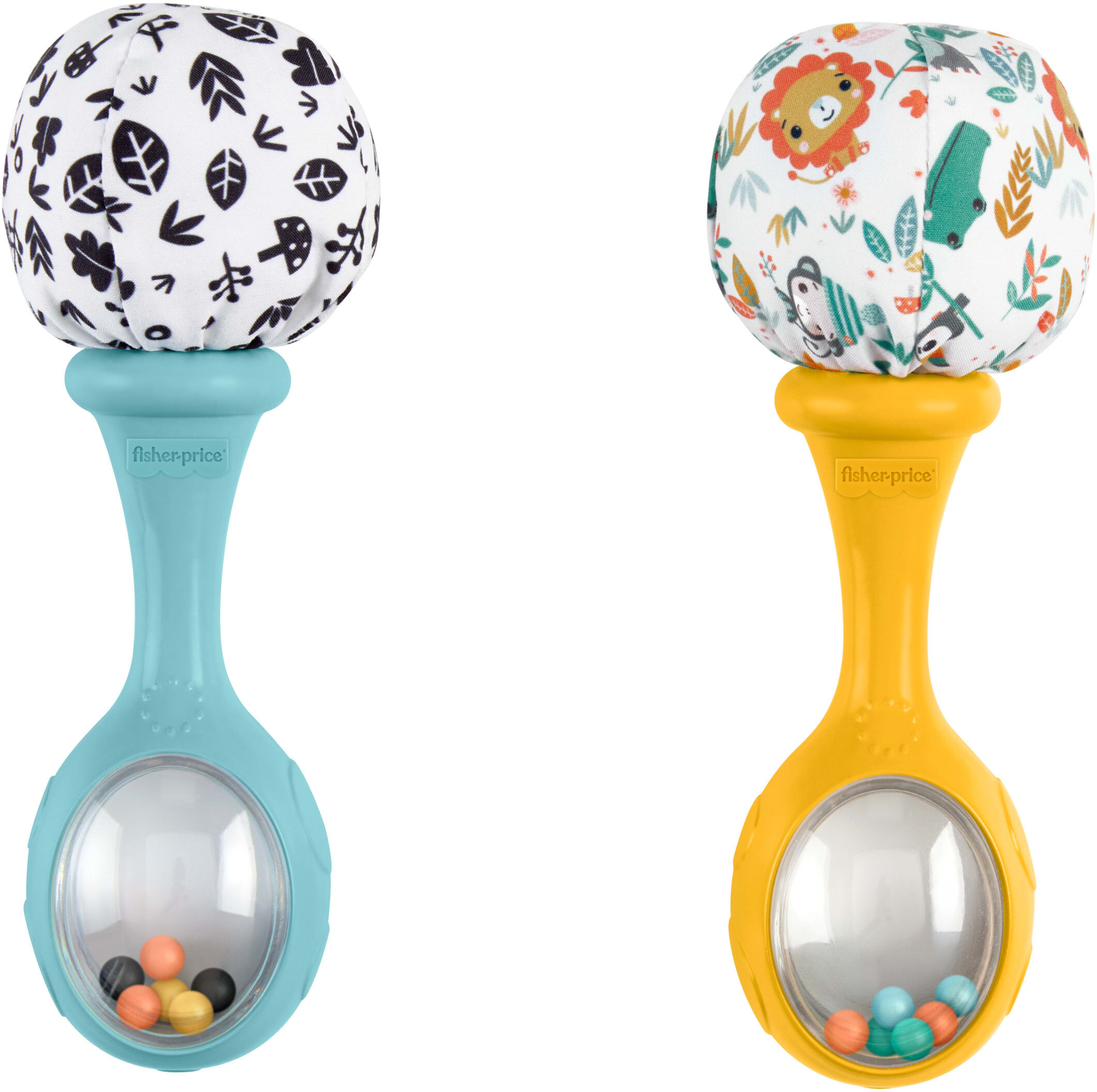 Fisher Price Rassel FISHER-PRICE "Rumba-Rasseln mit Stoff, blau/gelb", bunt, Greifspielzeug, KinderH:14cm L:3cm, Kunststoff, Rassel, H:14cm L:3cm