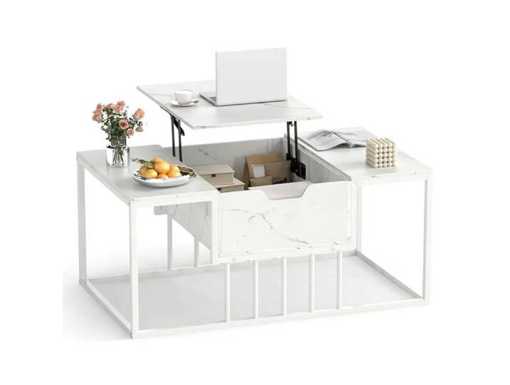 Accent Tea Table Lift Top with Storage for Office Reception or Home-White