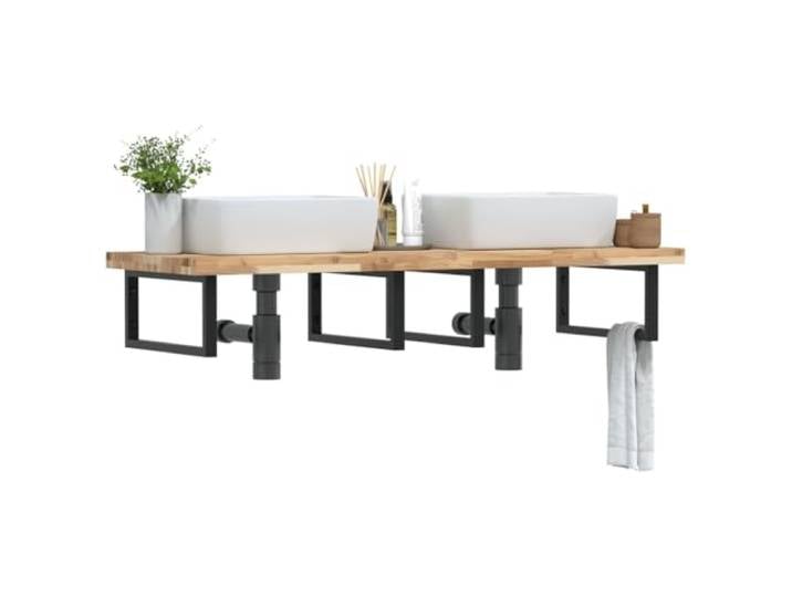 KTHLBRH Waschbeckenregal Wandmontage Stahl Akazienholz Schweberegal Stahlhalterung, massive Akazienholzplatte, flexible Positionierung, Handtuchaufhängung, moderne Optik