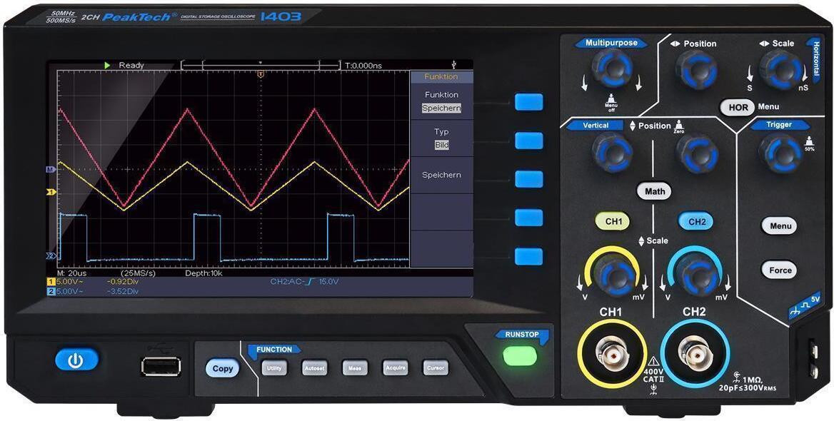 PeakTech P 1403 digitaal oscilloscoop met geheugenfunctie, 50 MHz, 2-kanaals, 500 MS/s