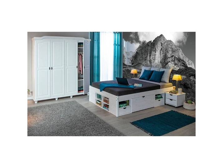 ALASKA - Pack Lit 160x200cm Multi-Rangements + Armoire 4 Portes