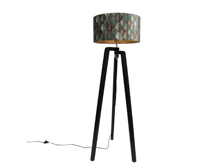 Vloerlamp zwart tripod met kap blad dessin en gouden binnenkant