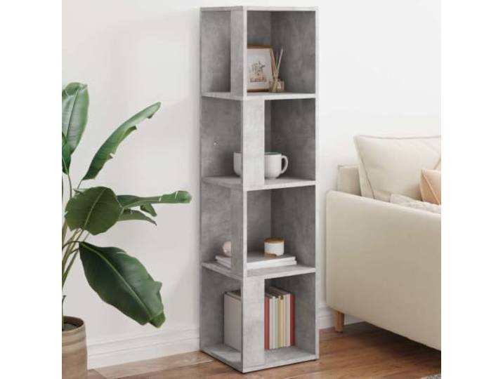 Eckregal Betongrau 33x33x132 cm Holzwerkstoff mit 4 Fächern für Wohnzimmer 4 Fächer, robuste Seitenwände, platzsparend, pflegeleicht mit feuchtem Tuch, vielseitig nutzbar