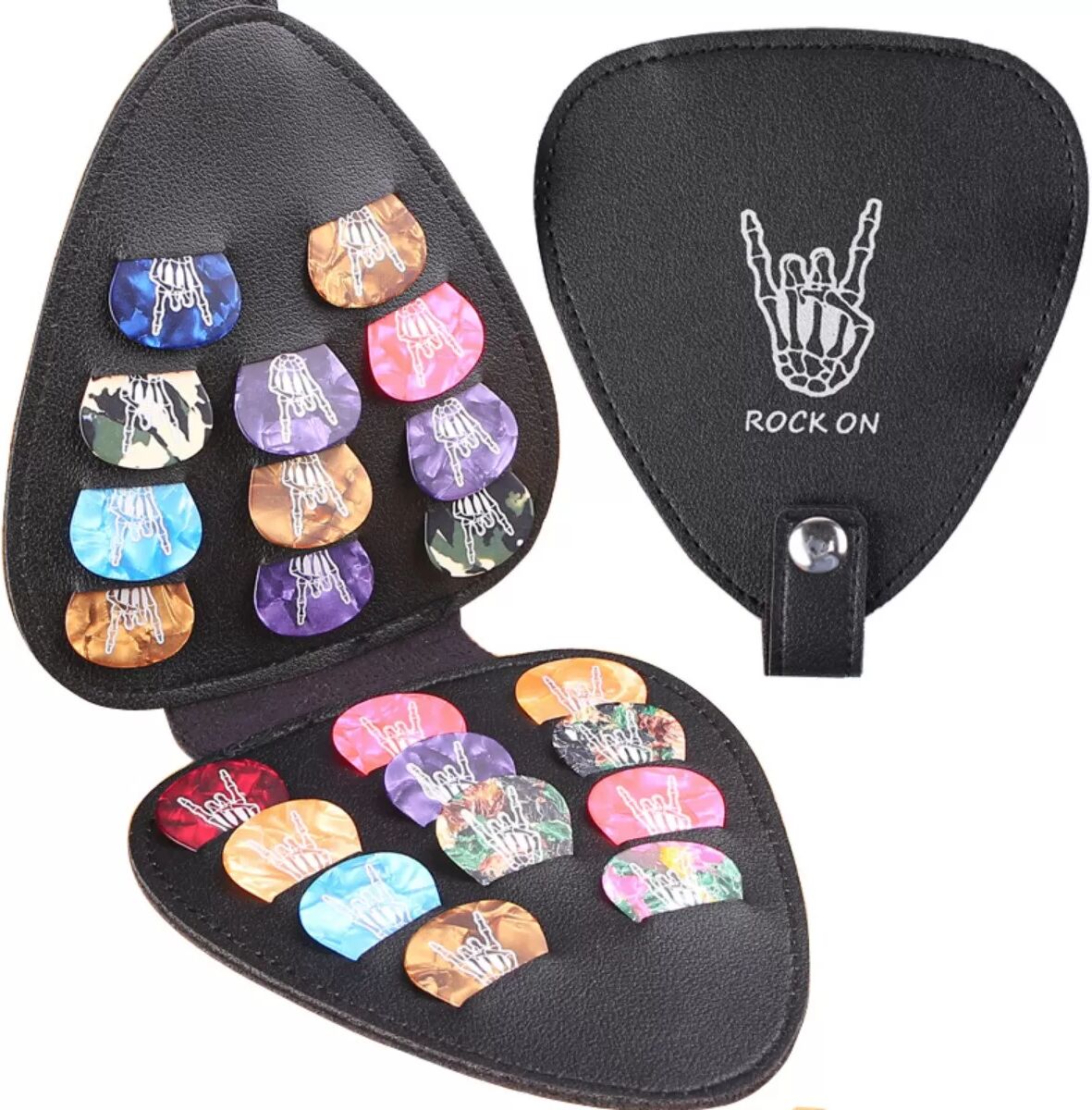 INF ROCK ON Gitarrenplektrum Halter mit 22 Plektren - PU Leder Plektrum Etui