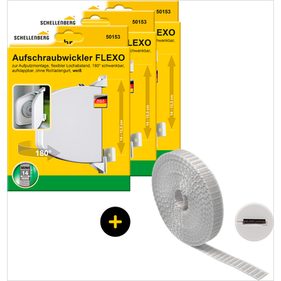 Aufputz-Gurtwickler SCHELLENBERG "Flexo Rollladensystem Mini, inkl. Gurt grau und Gurtführung", grau, 3 Stk., Gurtwickler, Aufschraubwickler aufklappbar, höhenverstellbar, 180 schwenkbar weiß