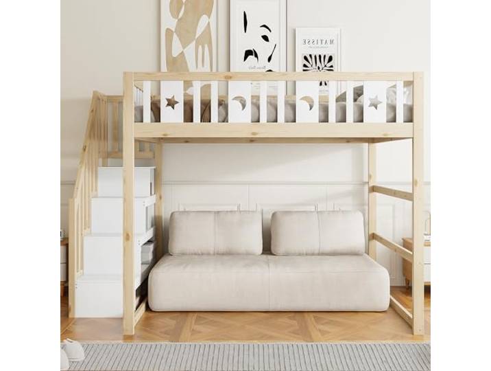 ModernLuxe Hochbett 140x200 cm Massivholz mit Treppe & Stauraum, Kinderbett mit Sicherheitsgeländer, integrierten Regalen,Weiß+Holzfarbe, Etagenbett Jugendbett