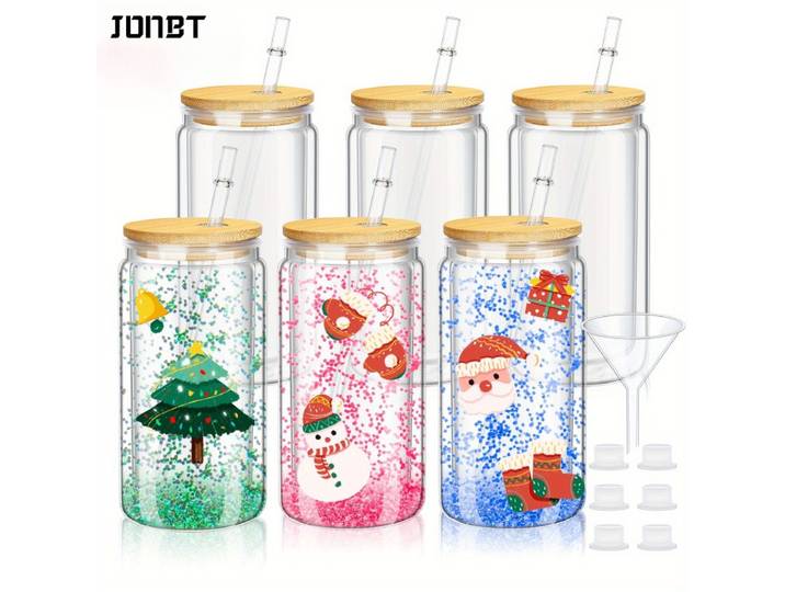 6 pièces 16oz tasse en plastique transparent couvercles en bambou tasse de paille Double paroi boule de neige gobelet bouteille d'eau pré-percée pot Mason tasse à boire