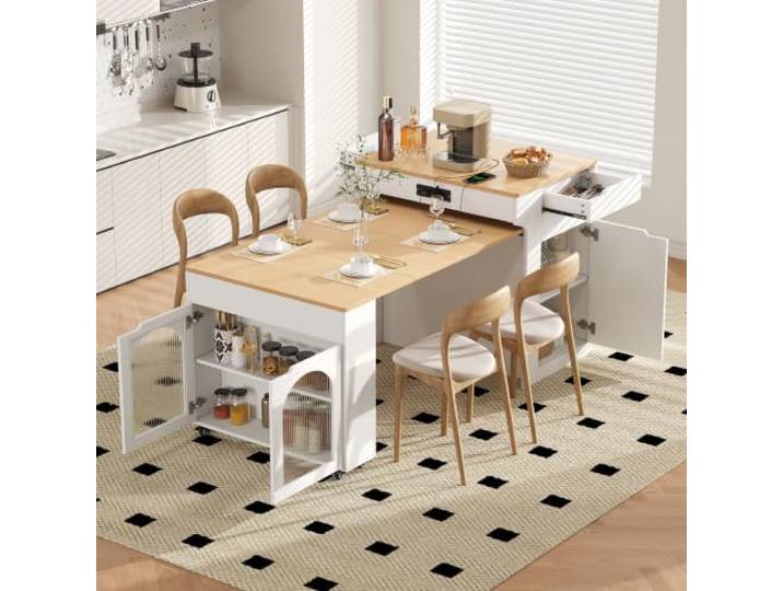 BXEYXE Kücheninsel mit Rollen, Ausziehbarer Esstisch mit Steckdosenleisten und Riffeglas, Anrichte mit Zwei Schubladen, dient als Kücheninsel, Sideboard oder Bartisch für Küche und Esszimmer (Weiß)