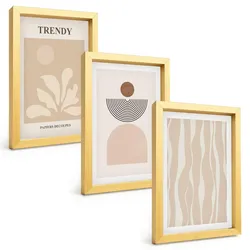 BILDER SET 3er Set - 20x30 cm Goldrahmen - Stilvolle abstrakte Beigetöne