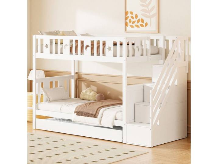 Lit superposé enfant blanc 252 x 95 x 160 cm avec lit gigogne escalier de rangement sommier à lattes étoiles et lunes