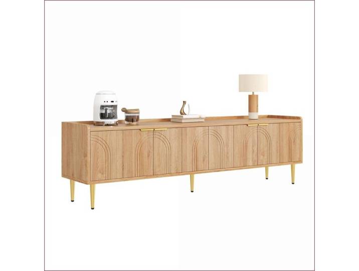 Meuble TV Lowboard - Design Sculptural Bois Naturel + Accents Or - 170x35x47.5 cm