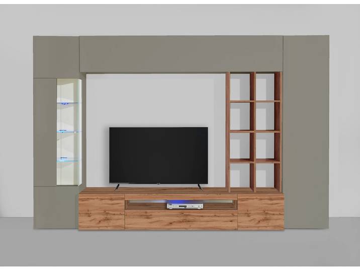 Wohnwand GOODPRODUCT New Egypt, Anbauwand, Medienwand, Wohnzimmerwand , braun (taube, eiche wotan matt), B:290cm H:190cm T:40cm, Glas, Holzwerkstoff, Kastenmöbel-Sets, Wohnwand, Regalaufsatz Breite 290 Höhe 191