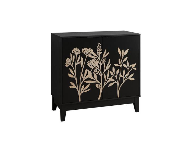 Modfu Sideboard aus MDF Schwarz 80x38x76 cm mit floraler Schnitzerei, 2 Türen und verstellbarem Einlegeboden, 80x76x38 cm, Kleinmöbel, Kommoden, Sideboards