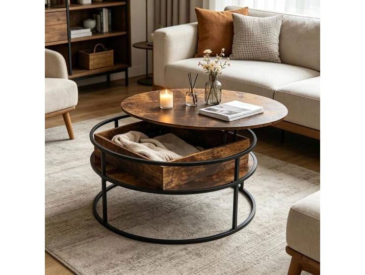 LVHCMFOHM Table Basse Relevable avec Rangement Caché - Table de Salon Ronde avec Cadre Métal Robuste - 80x80X47cm - Marron