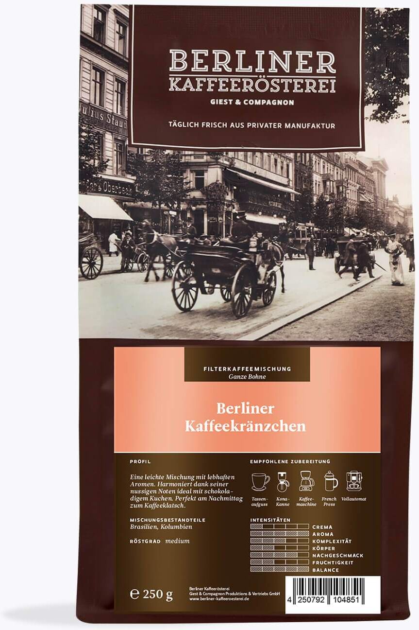Berliner Kaffeerösterei Berliner Kaffeekränzchen 250 g   Ganze Bohne   Arabica Kaffee aus Brasilien, Kolumbien   Kräftige Röstung für Vollautomaten