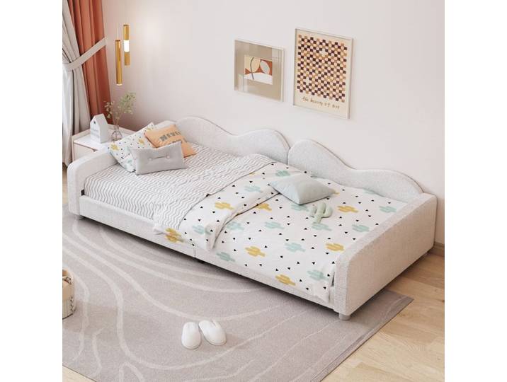 Lit enfant multifonction rembourré 214 5 x 95 x 42 cm en tissu teddy blanc