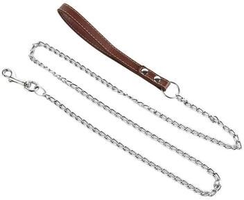 Inspired Living Heavy Duty Metal Chain Dog Leash With Leather Handle Chew Proof Strong Dog Lead For Powerful Walks brown