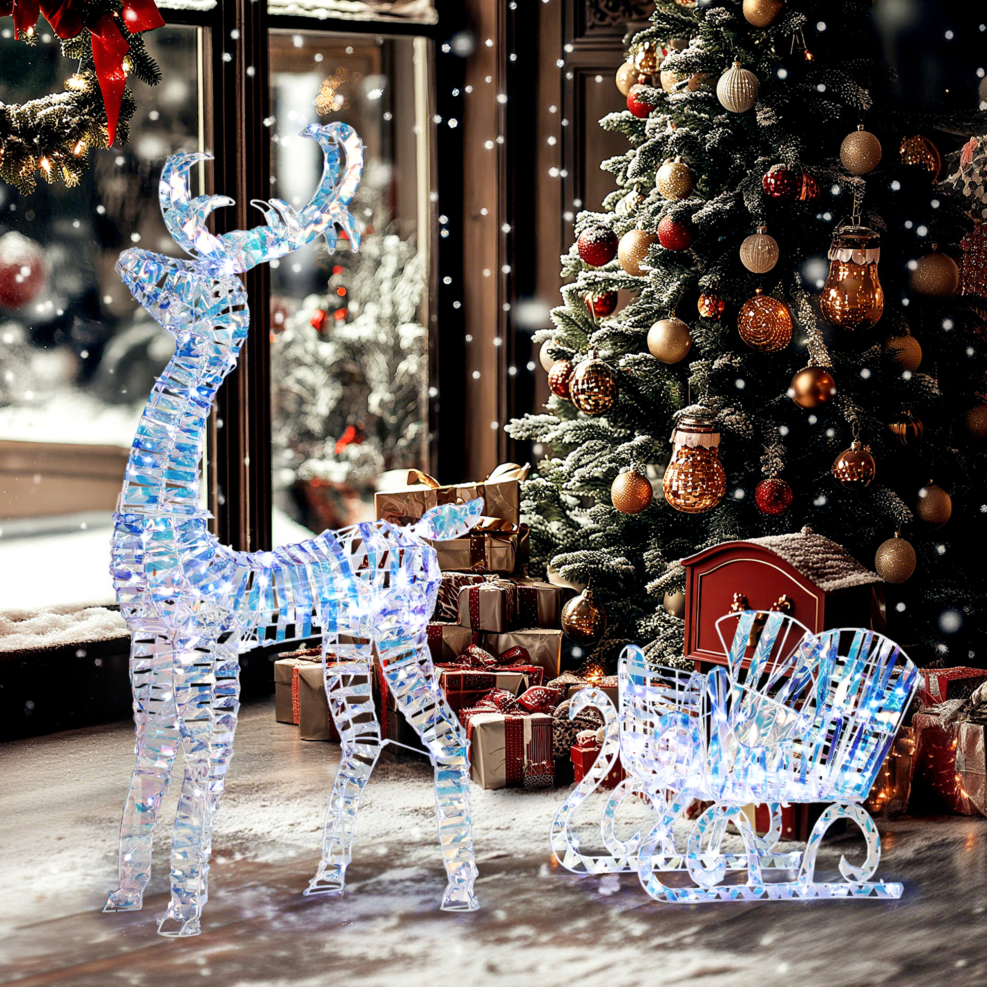 Outsunny Renna e slitta luminose di Natale con 170 LED bianco caldo, per interno ed esterno, 60x29x115 cm   Aosom Italy