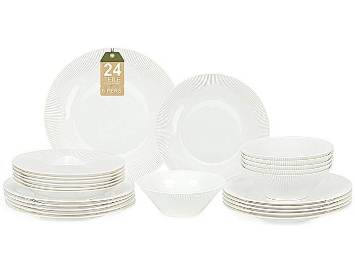 LB LICHTENBERG Tafelservice Geschirrset, Essservice Teller Set Porzellan, Weiß (24-tlg), 6 Personen, Keramik, Verschiedene Stile Geeignet für Spülmaschine & Mikrowelle