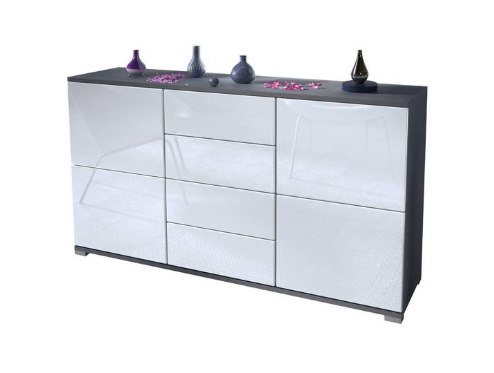 Vladon Sideboard Rova Weiß Hochglanz, 138.5x75.5x35 cm, Kleinmöbel, Kommoden, Sideboards