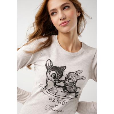 Langarmshirt KANGAROOS "Bambi & Klopfer", Damen, Gr. 32/34, beige (natur, meliert), Rippware, Obermaterial: 50% Baumwolle, 50% Polyester, bedruckt, figurbetont hüftbedeckend, Rundhals, Shirts Langarmshirt, Langarm, sehr figurbetont, unifarben,...