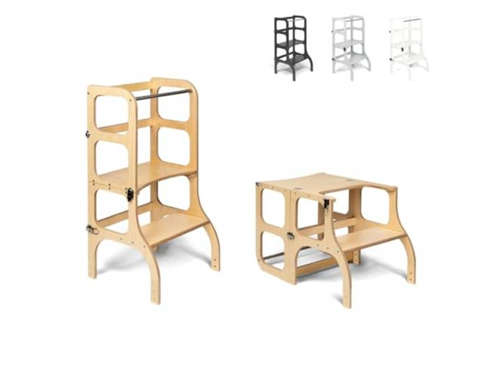 Ette Tete STEP'n'SIT® Wandelbare Montessori Lernturm + Tisch, 2 in 1 (Hölzern, mit Silberverschlüssen)