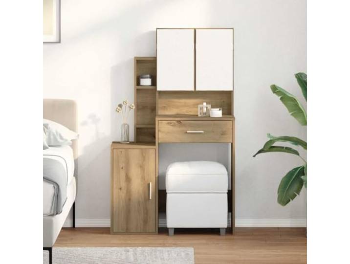 Schminktisch Artisan-Eiche 80 x 35 x 132 cm Holzwerkstoff mit Spiegel Mit integriertem Spiegel, Stauraum hinter Türen, Stangengriffe, modernes Design, pflegeleichte Oberfläche
