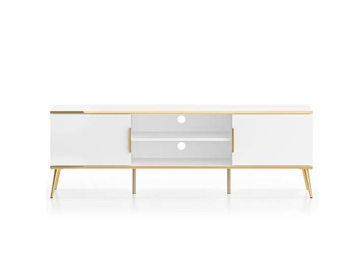 Lomadox TV-Lowboard Fernsehschrank 2-türig weiß mit goldfarbenen Details offen modern schmal Wohnzimmermöbel