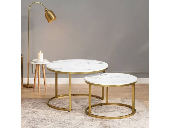 Tables basses rondes blanches en acier doré lot de 2 empilables style contemporain