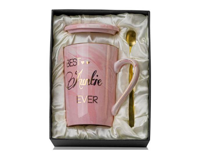 LuxusKollektion Tasse Kaffeetasse Tante Best Auntie Ever rosa mit Löffel, Keramik