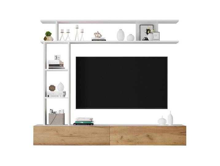 Modenvie Tv-Wohnwand-Set 180/35/150 cm aus Spanplatte mit stehendem und hängendem Aufbau Weiß/Eichefarben, 180x150x35 cm, Wohnzimmer, Wohnwände
