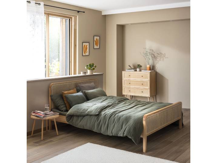 Chambre lit cannage avec commode bois naturel ANNA 140x190