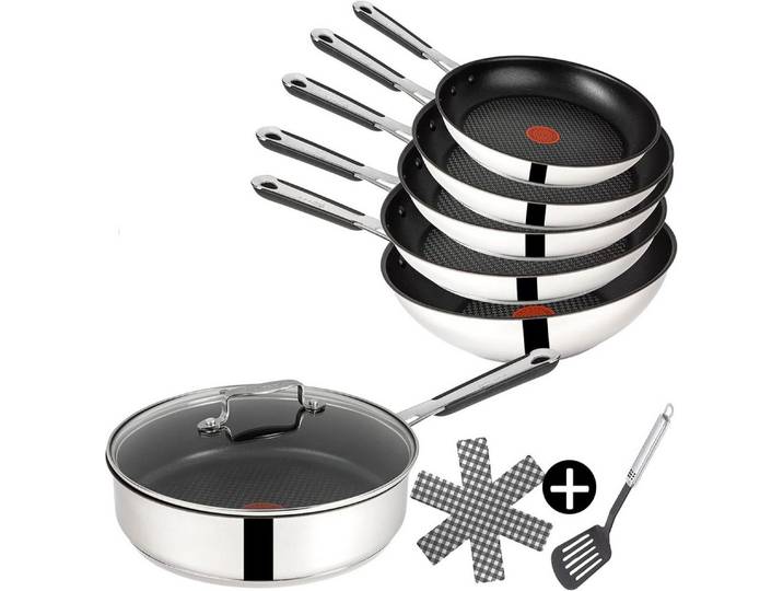 Tefal Pfannen-Set Jamie Oliver E76 Pfannenset 20,24,28cm + Wok 28cm Schmorpfanne mD 25cm, Edelstahl 18/10 (Pfanne, Bratpfannen Set, Pfannenset, Wok, Wokpfanne, Schmorpfanne, Pfannen + 1 Wender & Schoner Antihaftbeschichtet Pfannenset mit Deckel), ohne Fett / Öl braten