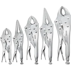 VEVOR Gripzangen Set 5-Teilig Klemmzangen Feststellzangen Langbeckzangen, Für Rohrreparaturen Kfz-Wartung Heimwerkerprojekte, Gebogene Backe & lange Nase, 45#-Kohlenstoffstahl-Backen, A3-Stahl-Griffe