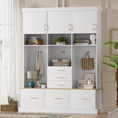 Modern Hall Tree with 6 Drawers - Entryway Storage Organizer, 3 Cabinets, Shoe Bench & Hooks