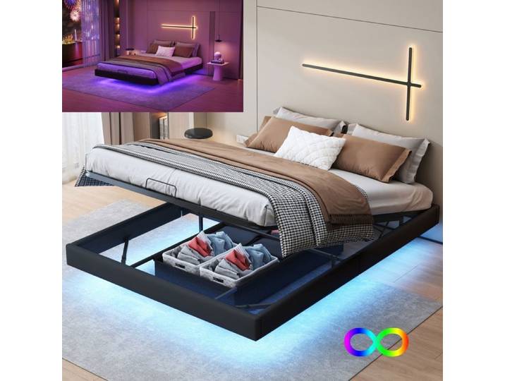Lit double rembourré - LUMINARIX - 160x200 cm - LED multicolore - Cadre en métal - Rangement hydraulique