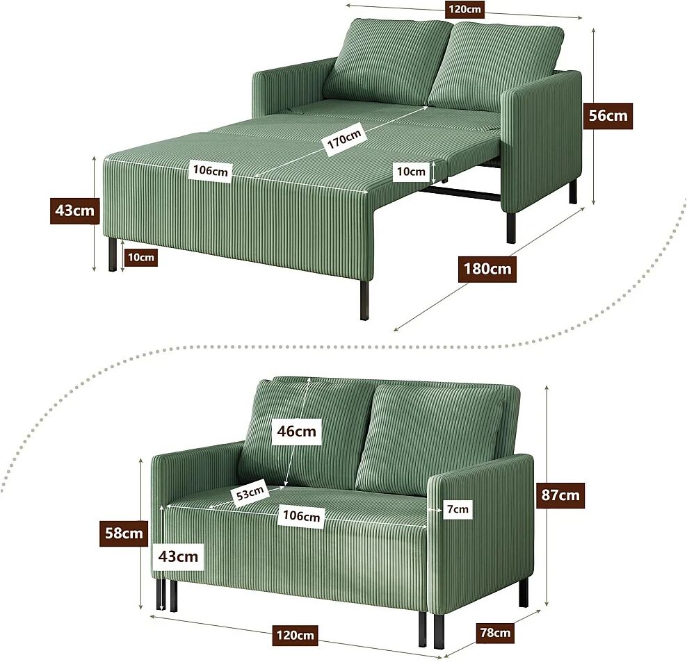 DripeX 2-zits slaapbank, converteerbare fauteuil fauteuil bed 170 cm, voor studio woonkamer logeerkamer