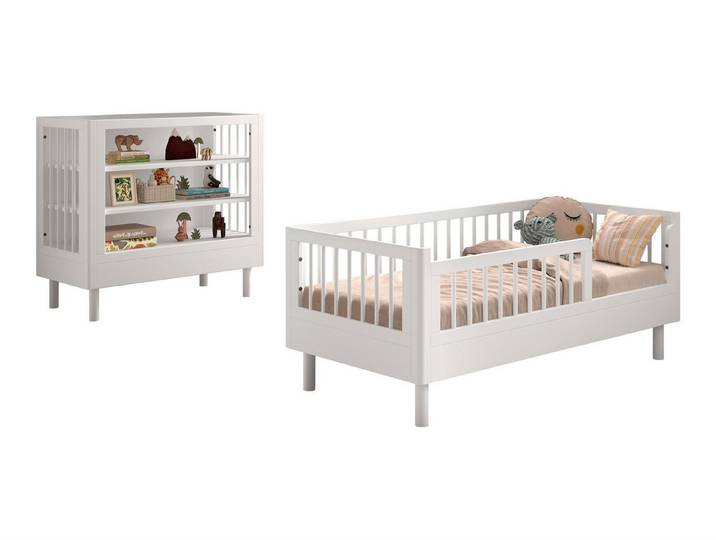 58 aufm Kessel Jugendzimmer-Set Juniorbett Set 70x140 Keeley Buche Kinderbett Weiß Massivholz Regal, (inkl. Versand, Lieferung bis Verwendungsstelle), Set aus Juniorbett mit Einstieg und praktischem Wickelregal