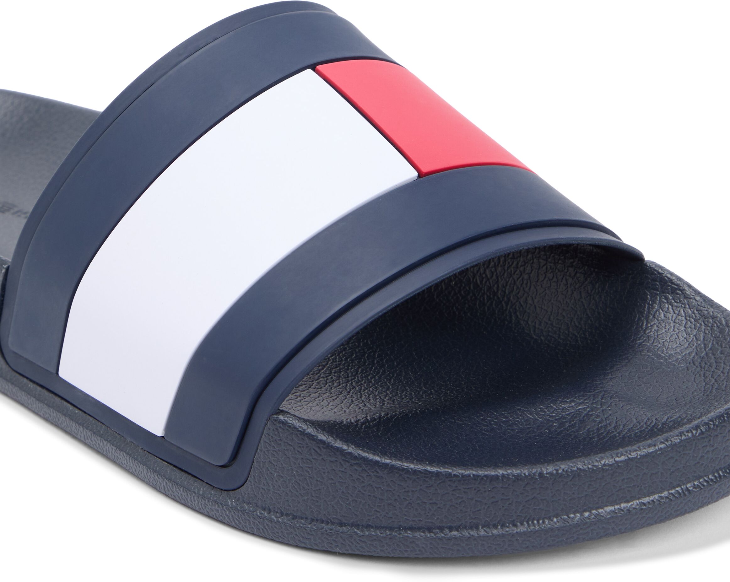 Pantolette TOMMY HILFIGER "CORE HILFIGER FLAG POOL SLIDE", Damen, Gr. 40, Synthetik, blau (dunkelblau), Gummi, kontrastfarbene Details, Schuhe Pantolette, Strandschuh, Flats, Schlupfschuh in typischen Tommy Farben