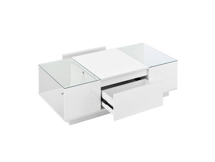 Rutaqian Couchtisch weiß/schwarz,105 cm moderner, mit Stauraum,LED-Stimmungsbeleuchtung, Glasplatte und 2 Schubladen