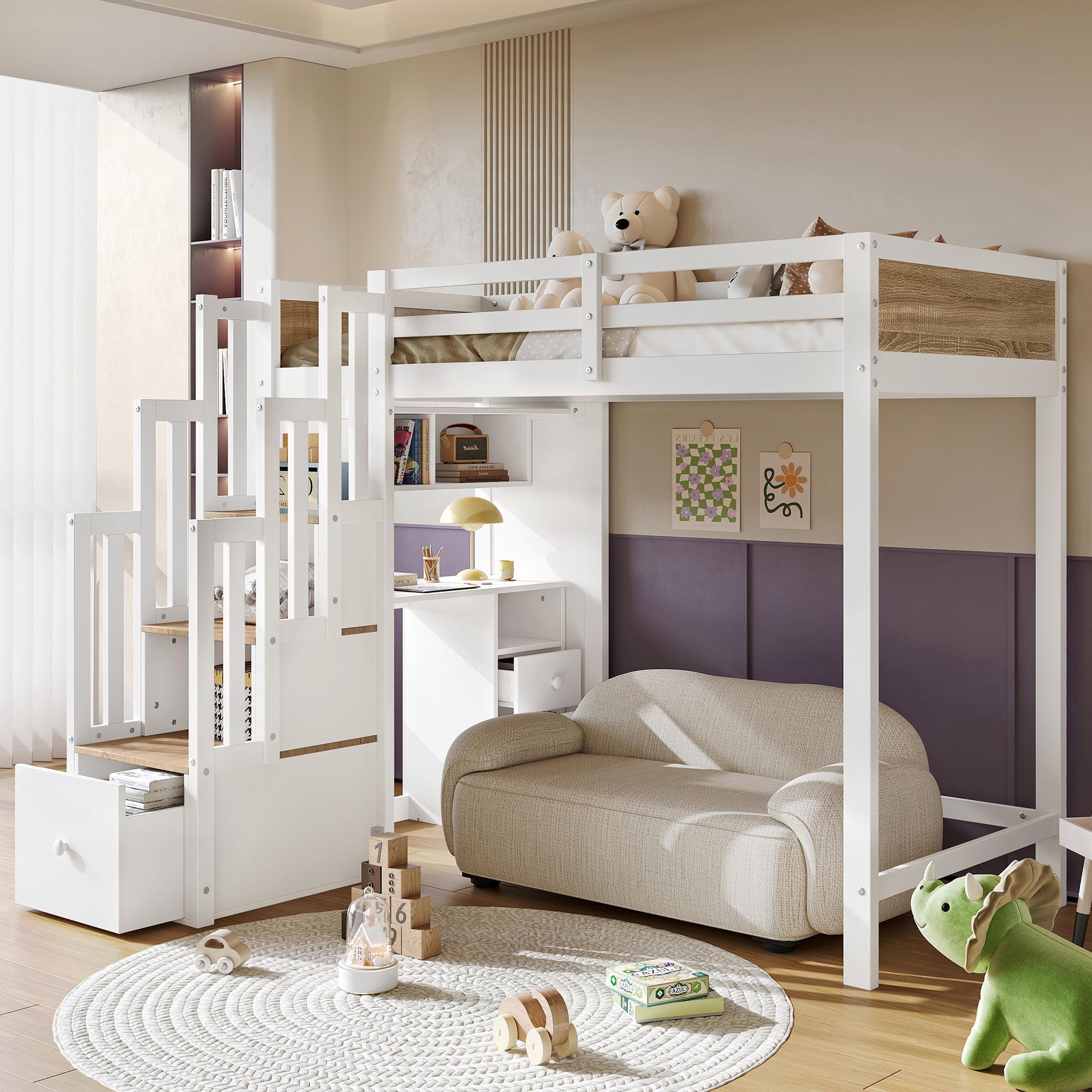 Merax Hochbett 90x200cm mit Schreibtisch, Kinderbett mit Stauraum, Treppe und Schubladen, Halbhochbett mit Regal und Arbeitsbereich, Weiß Natur