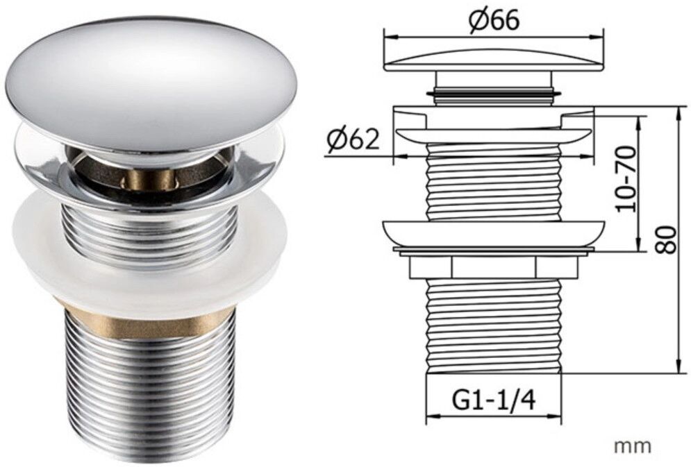 INF All-Copper Großabdeckung Pop-up ohne Überlauf — Edelstahl Pop-up Waschtischablauf, Silber, 6.6cm x 8cm x 3cm