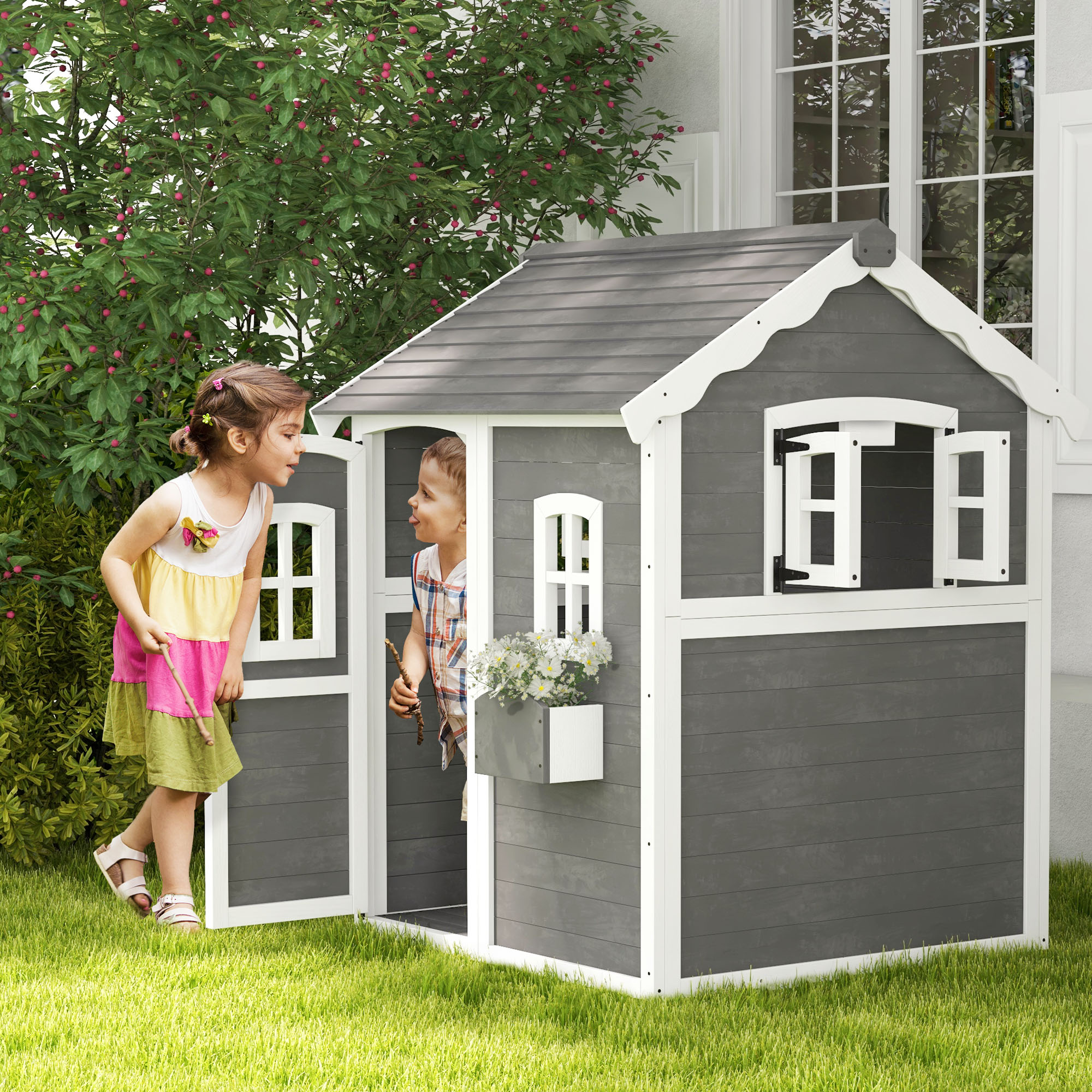 Outsunny Casetta per bambini in legno con porta, finestre e fioriera, Grigio   Aosom Italy