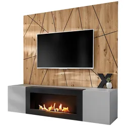 TV-LOWBOARD grau, Eiche Artisan, TV-Unterschrank 160 cm Set mit Ethanol Kamin und Akustikpaneel