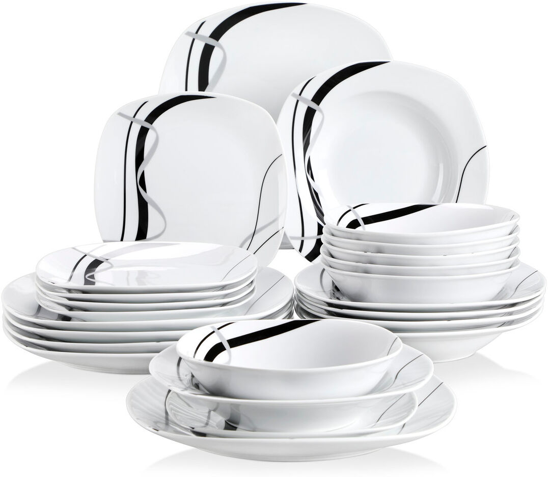 Vancasso 24 Pieces Porcelain Dinnerware Set, Squircle Plate, White Set With Black Lines, Ceramic Decal, Dinner Plate, Dessert Plate, Soup Plate And Bowl For 6 White;Black 24