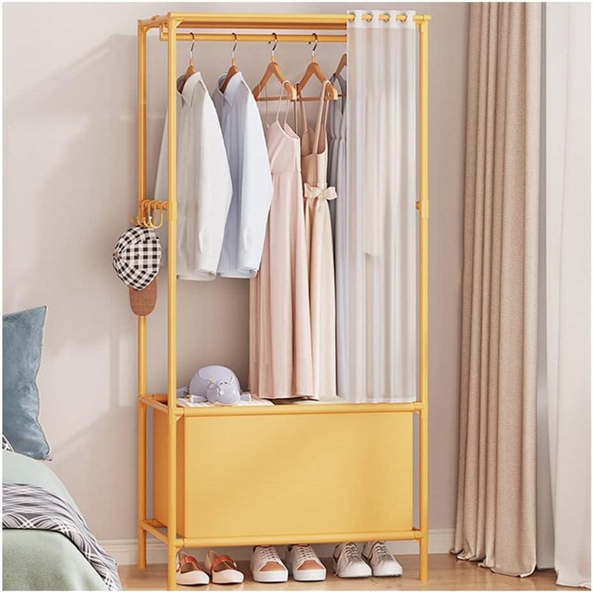 Halmeubel met kapstok en entree organizer in geel - B/D/H: 62 x 43 x 166 cm