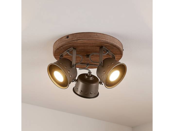 Rubinjo 3 Round Plafonnier Wood/Black - Lindby - Salon / séjour - Vintage / rétro - Métal - Multi-ampoules