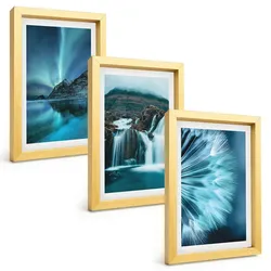 BILDER SET 3er Set - 20x30 cm Goldrahmen - Winterlandschaften mit Wasserfällen