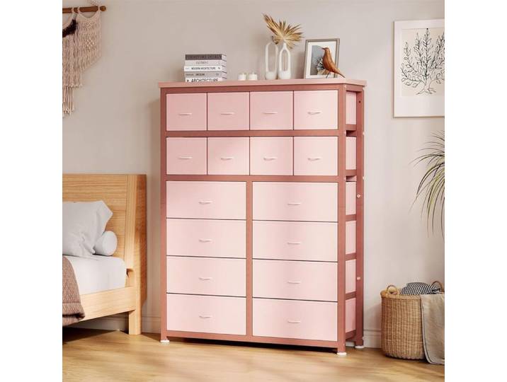 Commode 16 tiroirs en tissu Rose 103x30x130 cm - Cadre métal & panneaux MDF rangement chambre