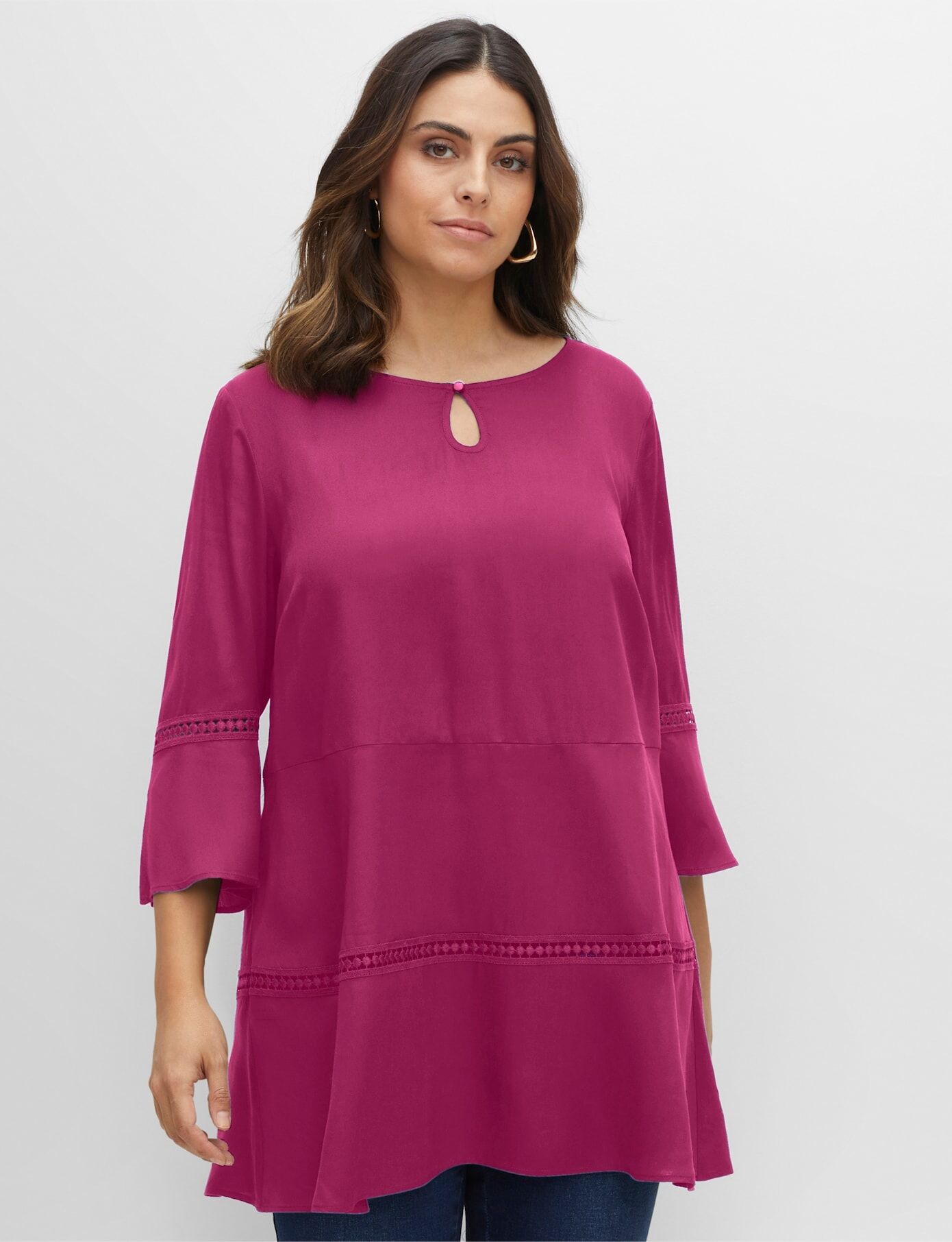 Longbluse SHEEGO, Damen, Gr. 48, magenta, 100% Viskose, unifarben, Rundhals, Blusen Longbluse magenta 48